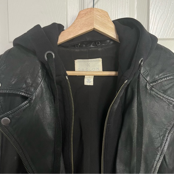 Caslon Black Leather Moto Jacket Women Large Removable Hood - Picture 9 of 16